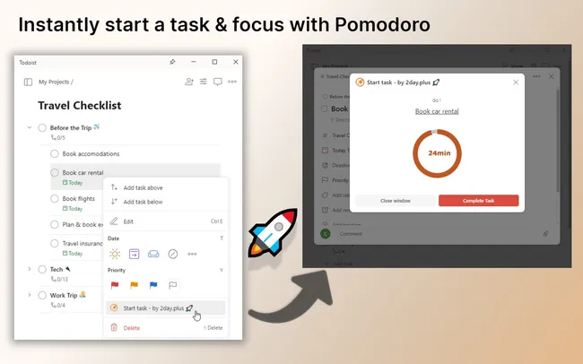 Instantly start a task & focus with Pomodoro
