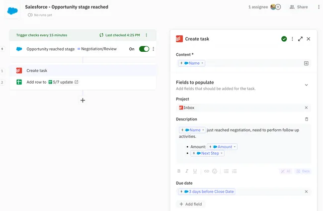 Relay.app update Todoist task when opportunity stage changes in Salesforce