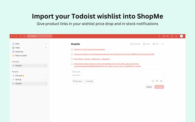 Import your Todoist wishlist into ShopMe