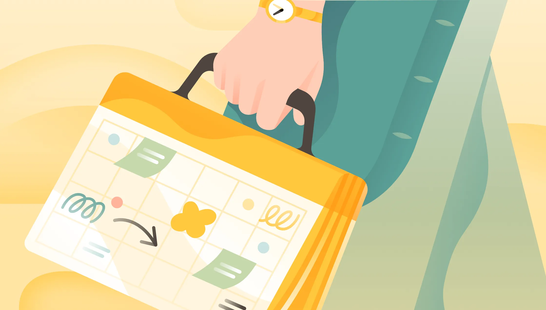 Person carrying a briefcase that also looks like a calendar