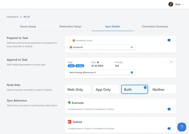 Define sync details in connection settings