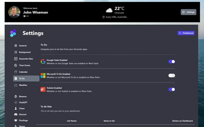Wise-Dash-dashboard-settings