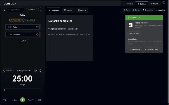 Todoist görevleri FocusBox'ta