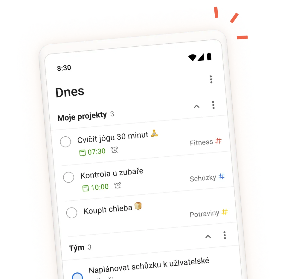 Rozhraní aplikace Todoist zobrazující denní úkoly, projekty a týmové oddíly s pohledem na obrazovku pro zadávání úkolů na mobilním zařízení.