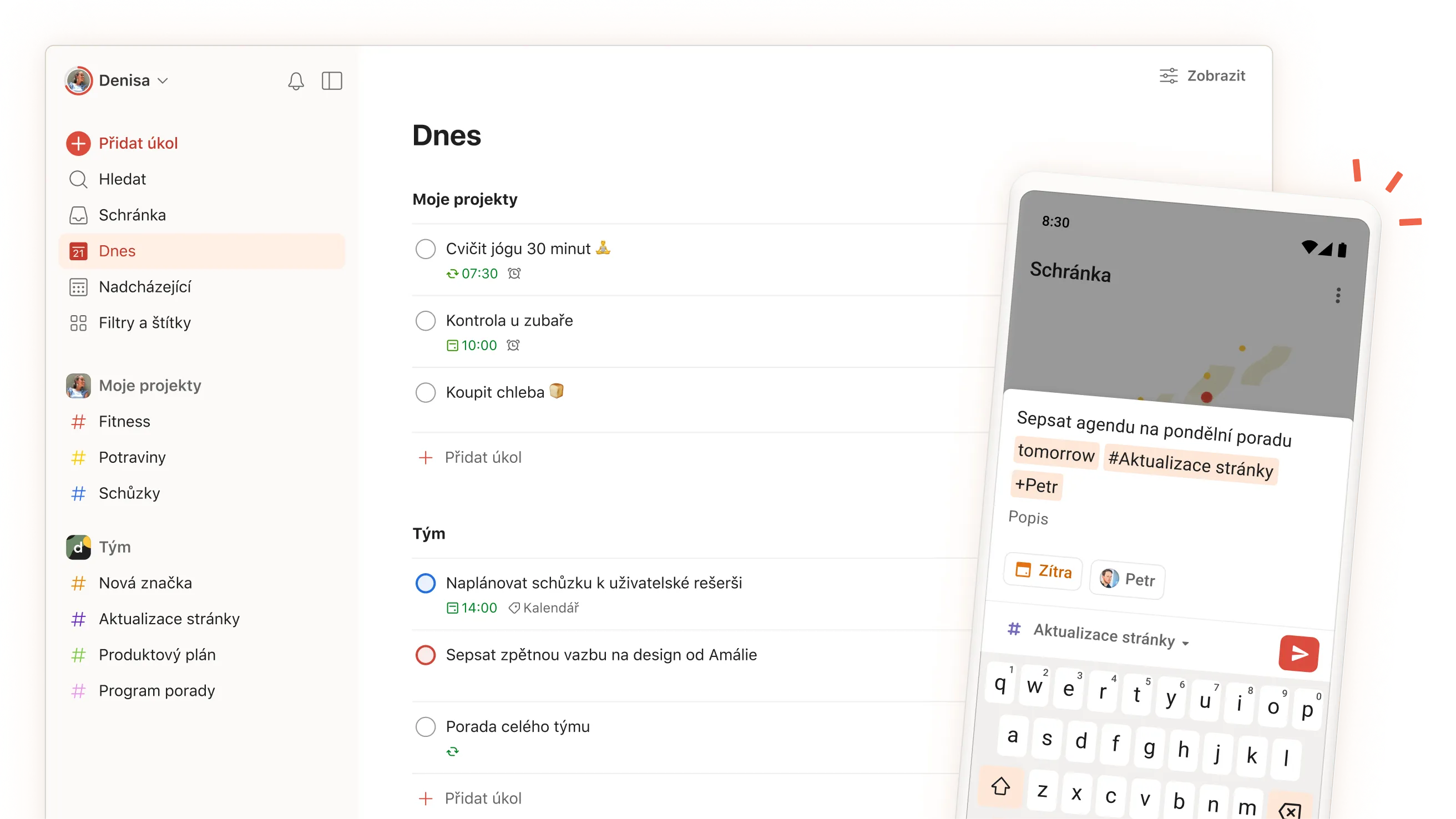 Rozhraní aplikace Todoist zobrazující denní úkoly, projekty a týmové oddíly s pohledem na obrazovku pro zadávání úkolů na mobilním zařízení.