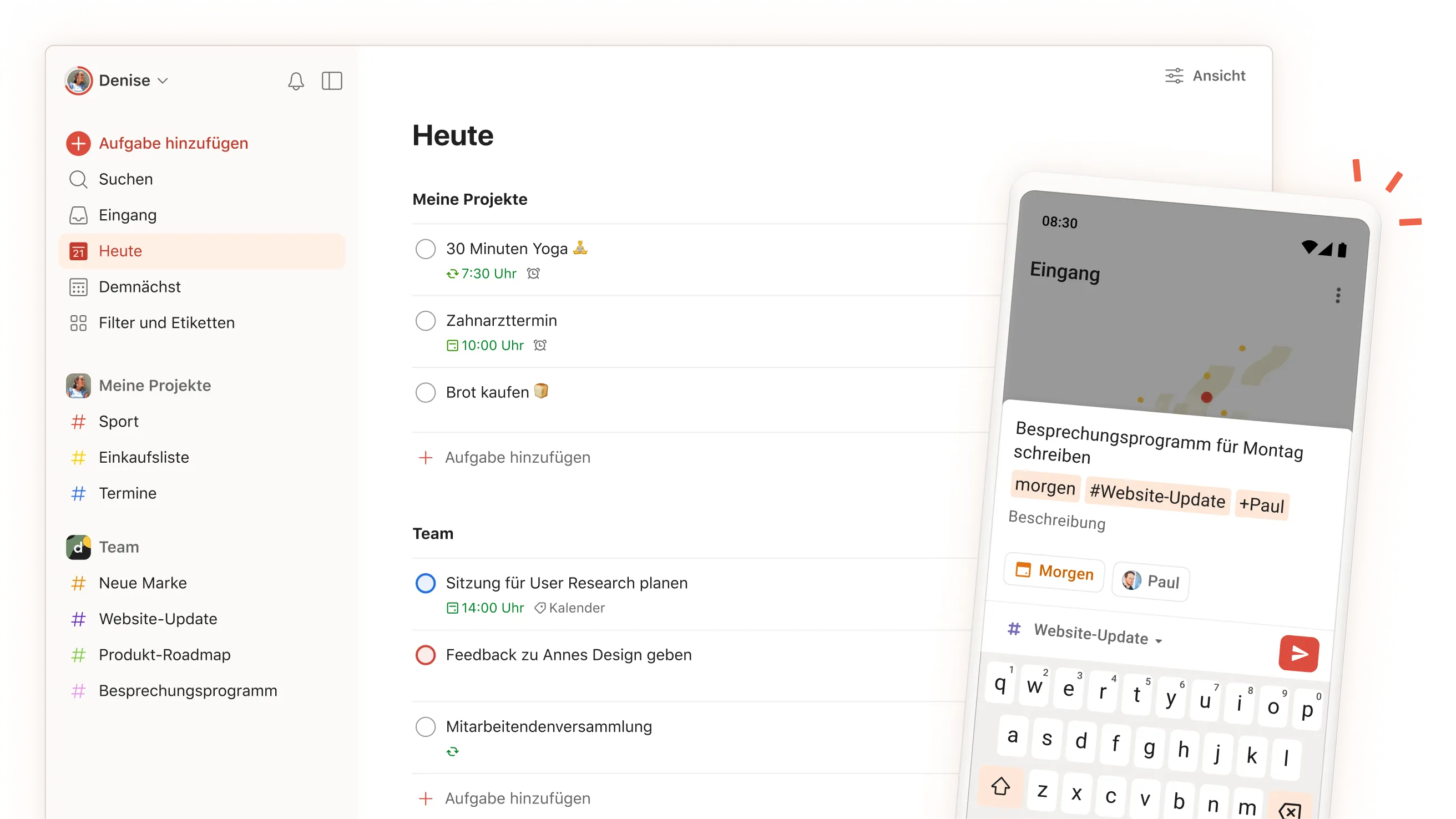 Die Benutzungsoberfläche der Todoist-App zeigt tägliche Aufgaben, Projekte und Team-Bereiche in einer mobilen Ansicht des Aufgaben-Eingabebildschirms.