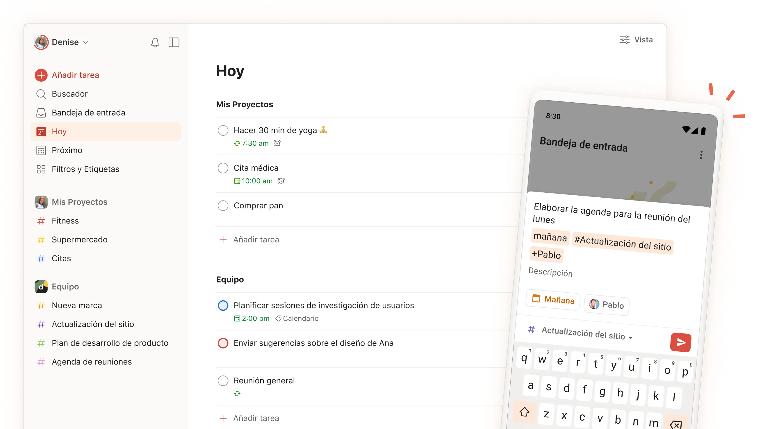 Interfaz de Todoist mostrando las tareas diarias, los proyectos y las secciones del equipo con una vista móvil de la pantalla de adición de tareas.