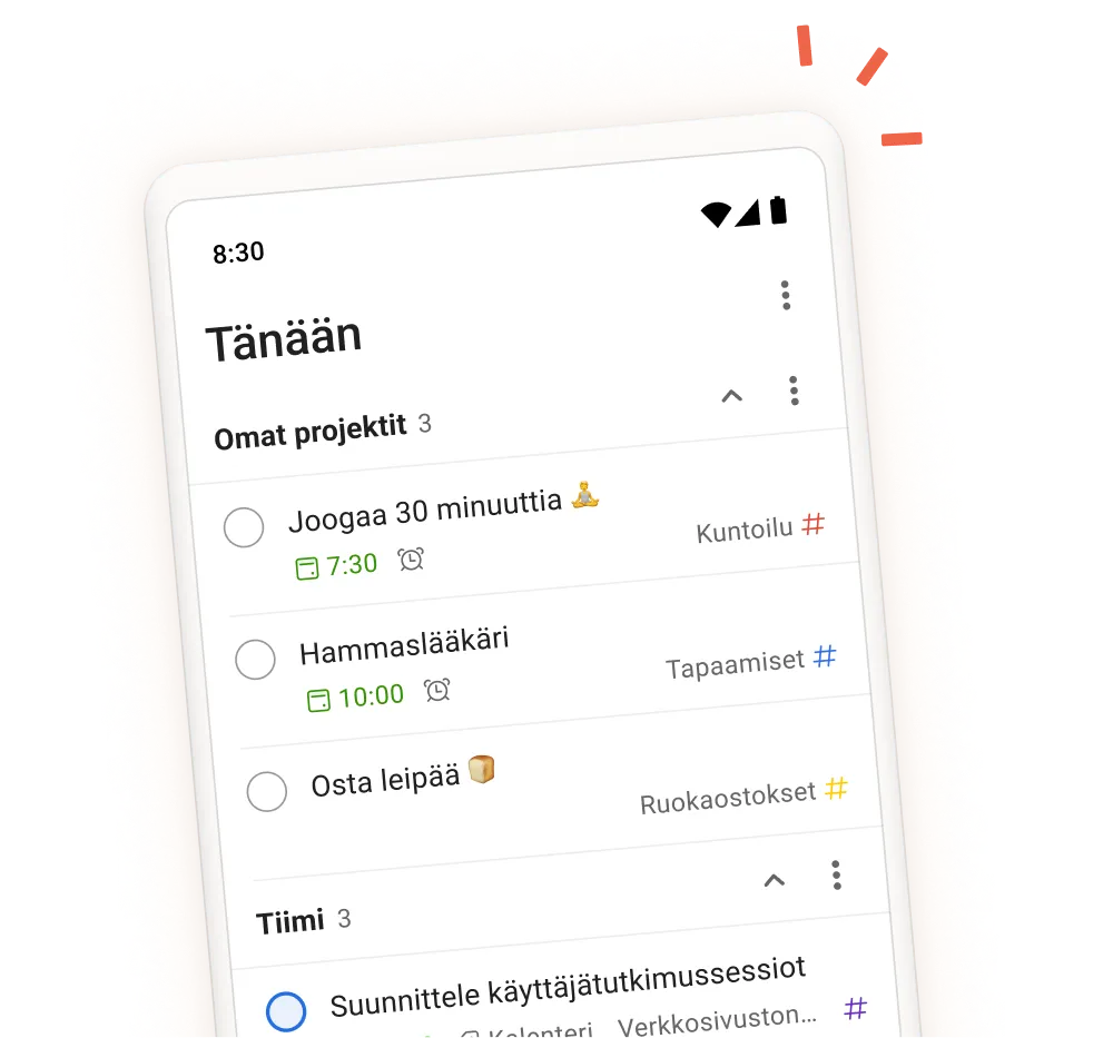 Todoist-sovelluksen käyttöliittymä, jossa näkyvät päivittäiset tehtävät, projektit ja tiimiosiot sekä mobiilinäkymä tehtävän syöttöruudusta. 
