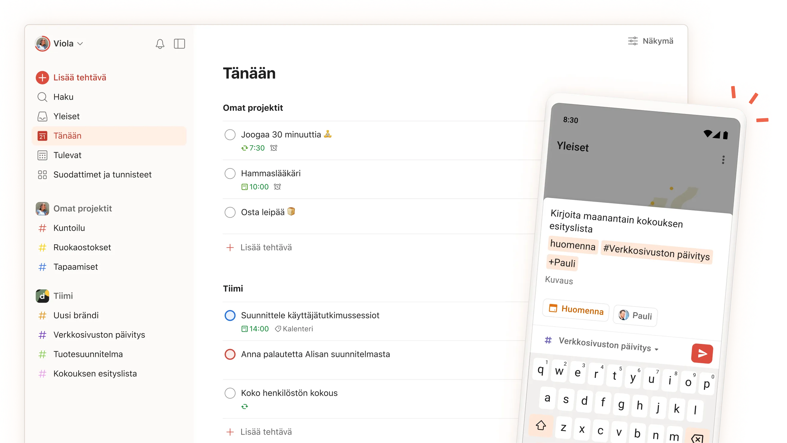 Todoist-sovelluksen käyttöliittymä, jossa näkyvät päivittäiset tehtävät, projektit ja tiimiosiot sekä mobiilinäkymä tehtävän syöttöruudusta. 