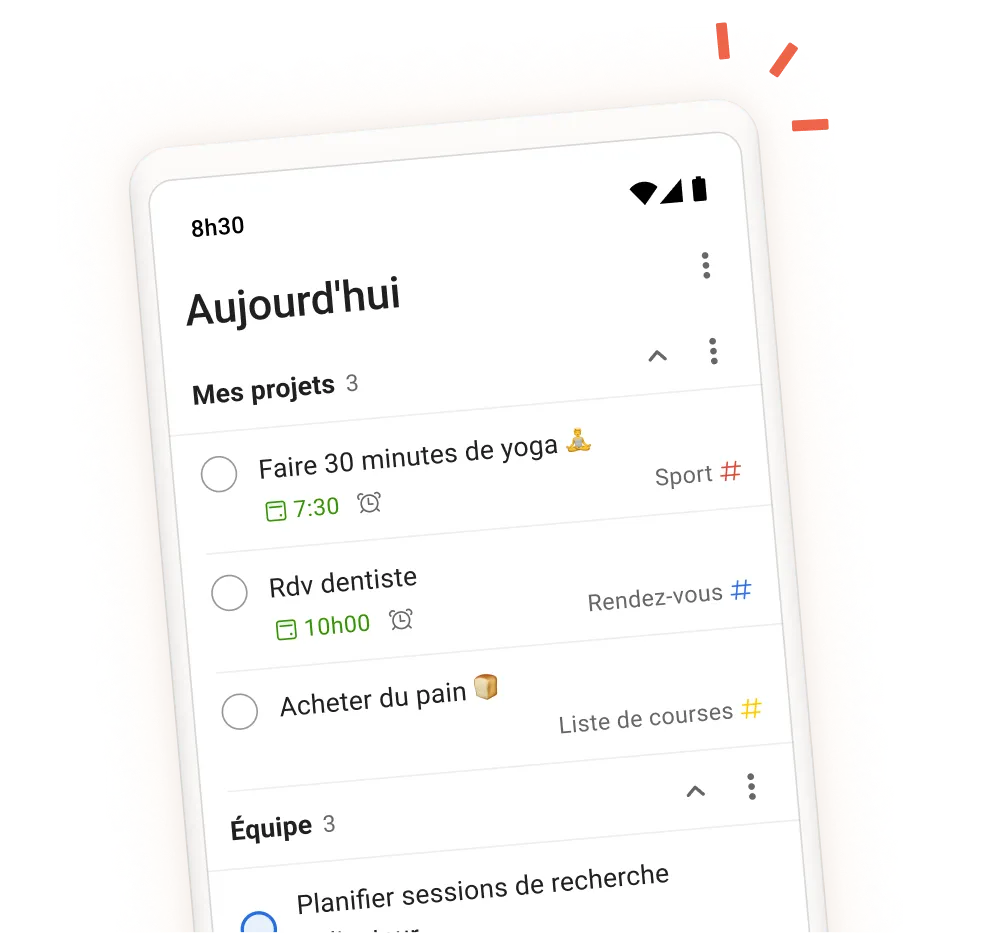 Interface de l'application Todoist montrant des tâches quotidiennes, des projets et des sections avec une vue mobile de l'écran de saisie des tâches.