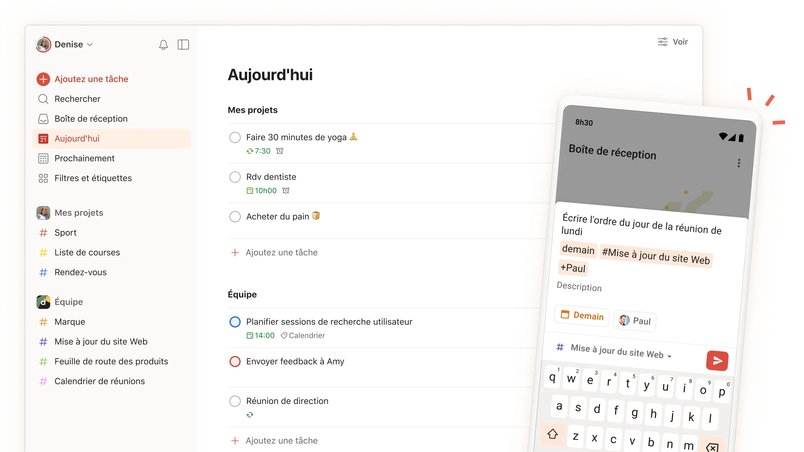 Interface de l'application Todoist montrant des tâches quotidiennes, des projets et des sections avec une vue mobile de l'écran de saisie des tâches.