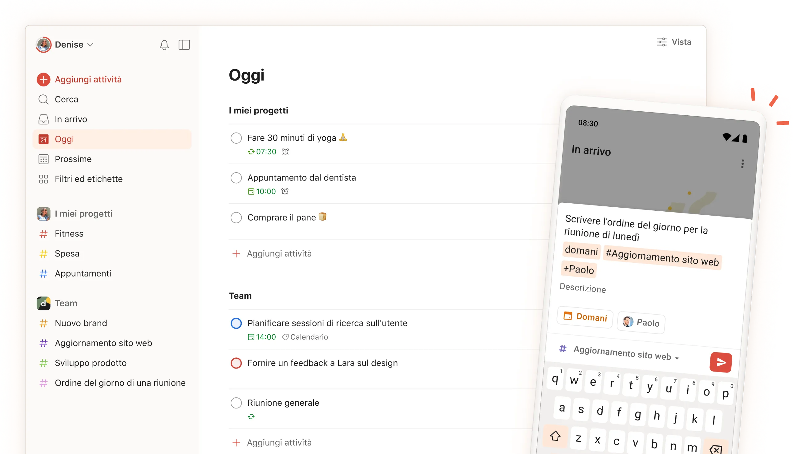 Interfaccia dell'app Todoist che mostra le attività giornaliere, i progetti e le sezioni del team con una vista mobile della schermata di aggiunta delle attività.