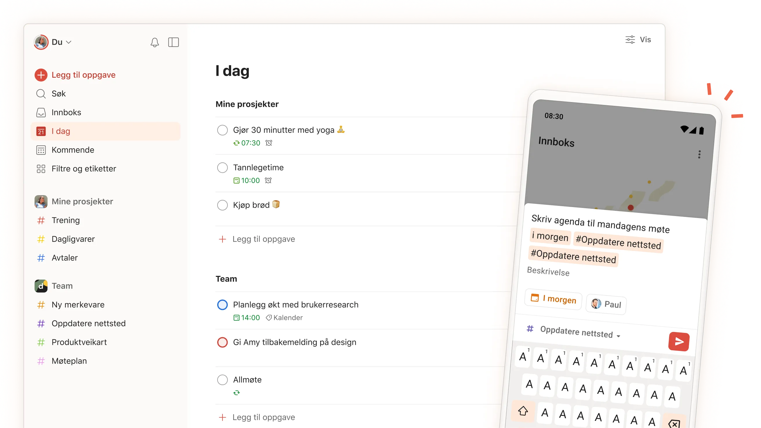 Todoists appgrensesnitt som viser daglige oppgaver, prosjekter og teamseksjoner, med en mobilvisning av skjermen der du skriver inn oppgave.