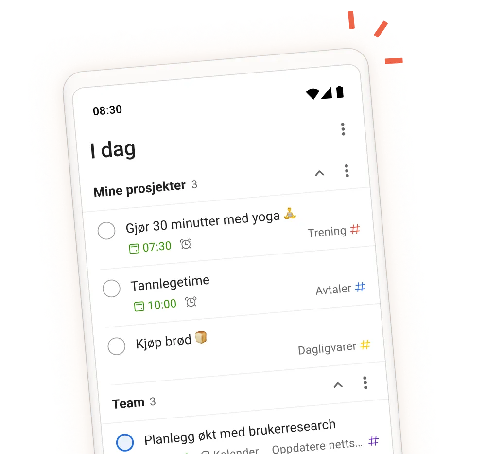Todoists appgrensesnitt som viser daglige oppgaver, prosjekter og teamseksjoner, med en mobilvisning av skjermen der du skriver inn oppgave.