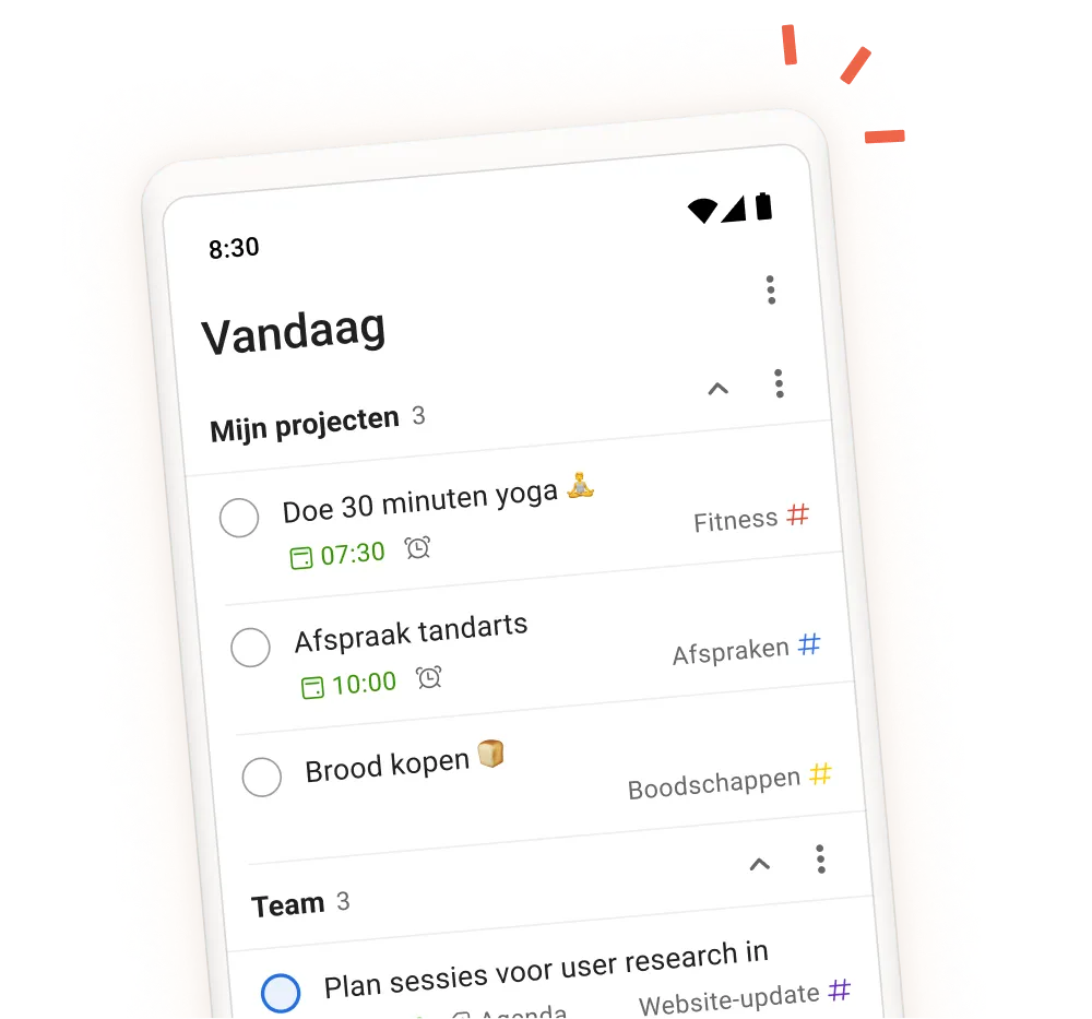 Interface Todoist-app met dagelijkse taken, projecten en teamsecties, met een mobiel overzicht van scherm voor taakinvoer.