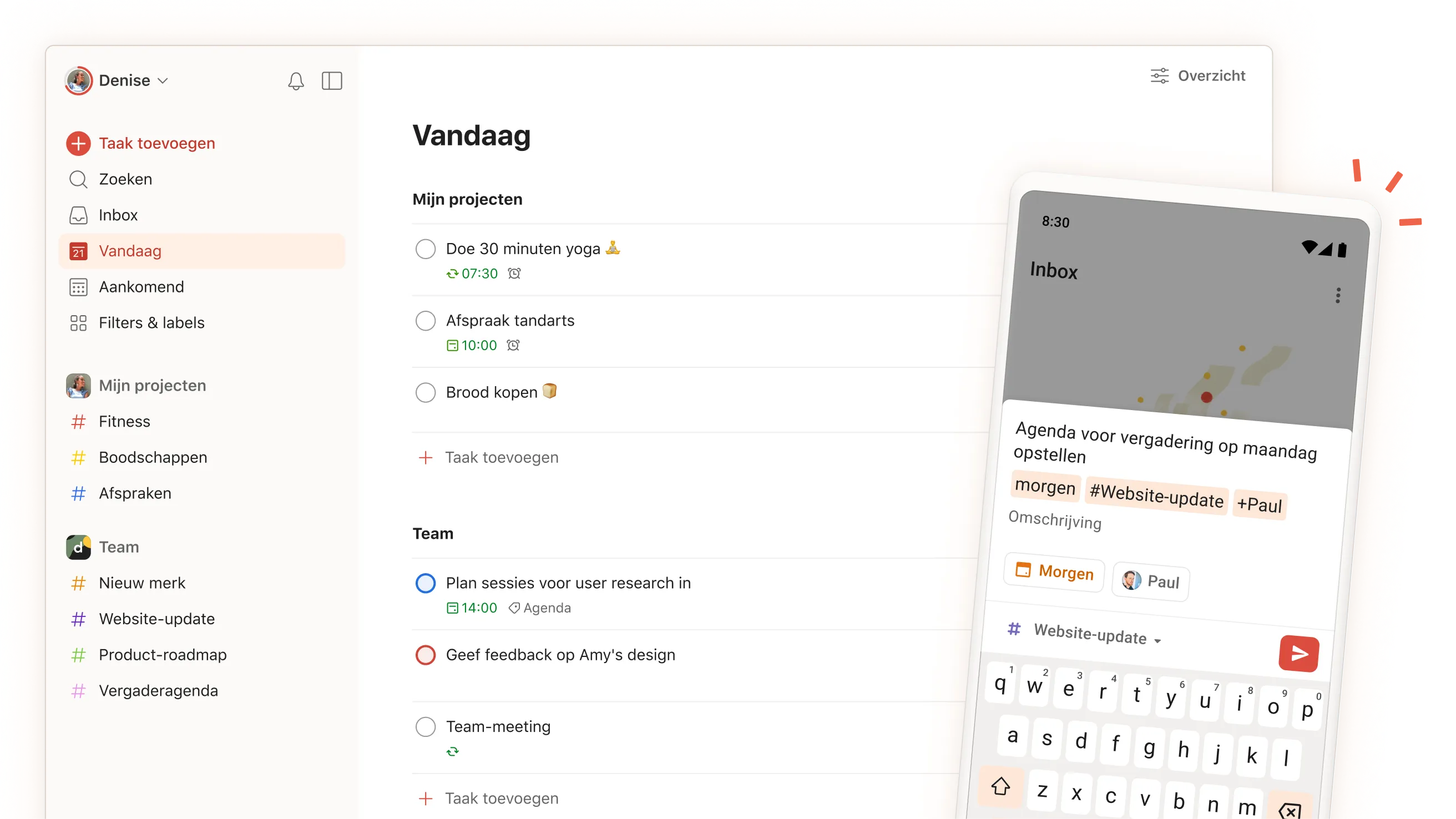 Interface Todoist-app met dagelijkse taken, projecten en teamsecties, met een mobiel overzicht van scherm voor taakinvoer.