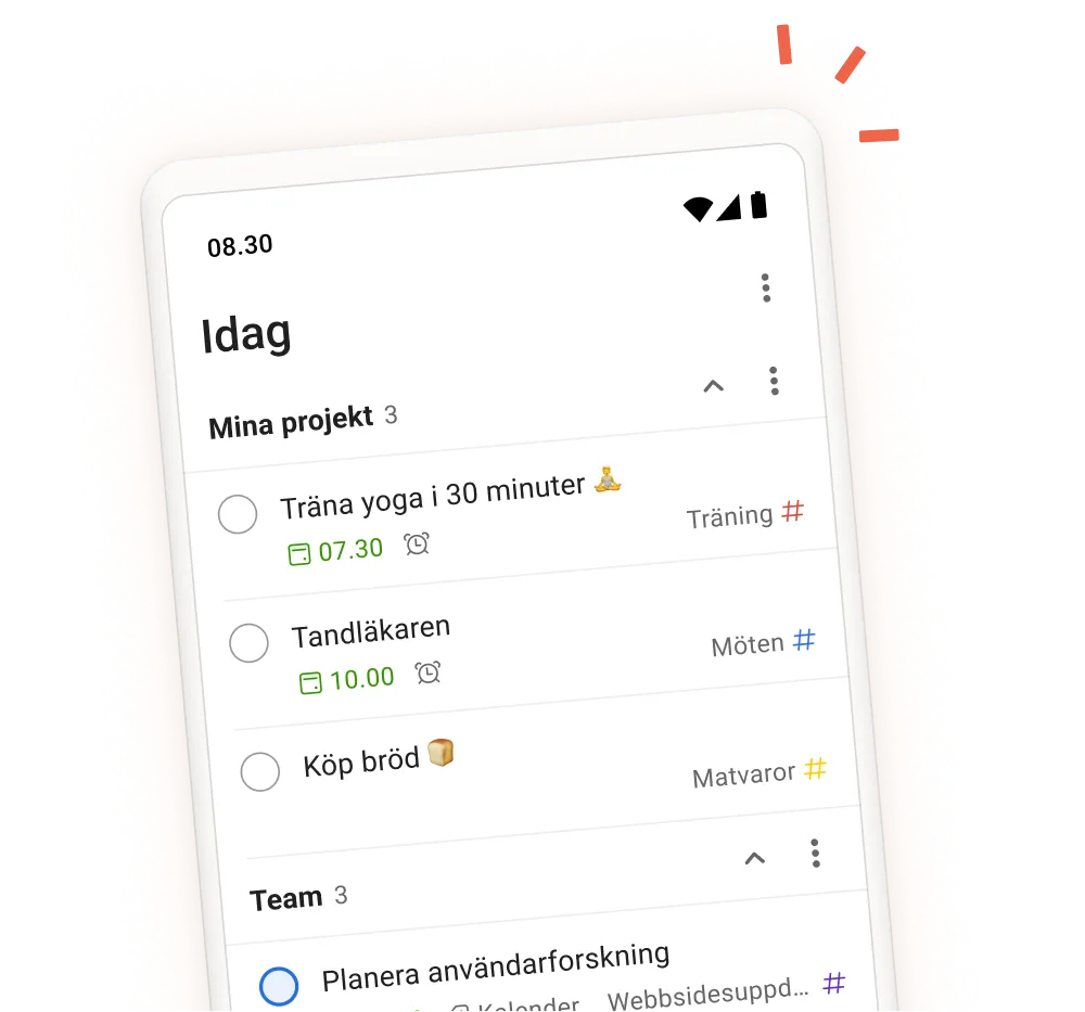 Användargränssnitt i Todoist-appen som visar dagliga uppgifter, projekt och teamavsnitt med en bild av hur en uppgift skapas i mobilappen.