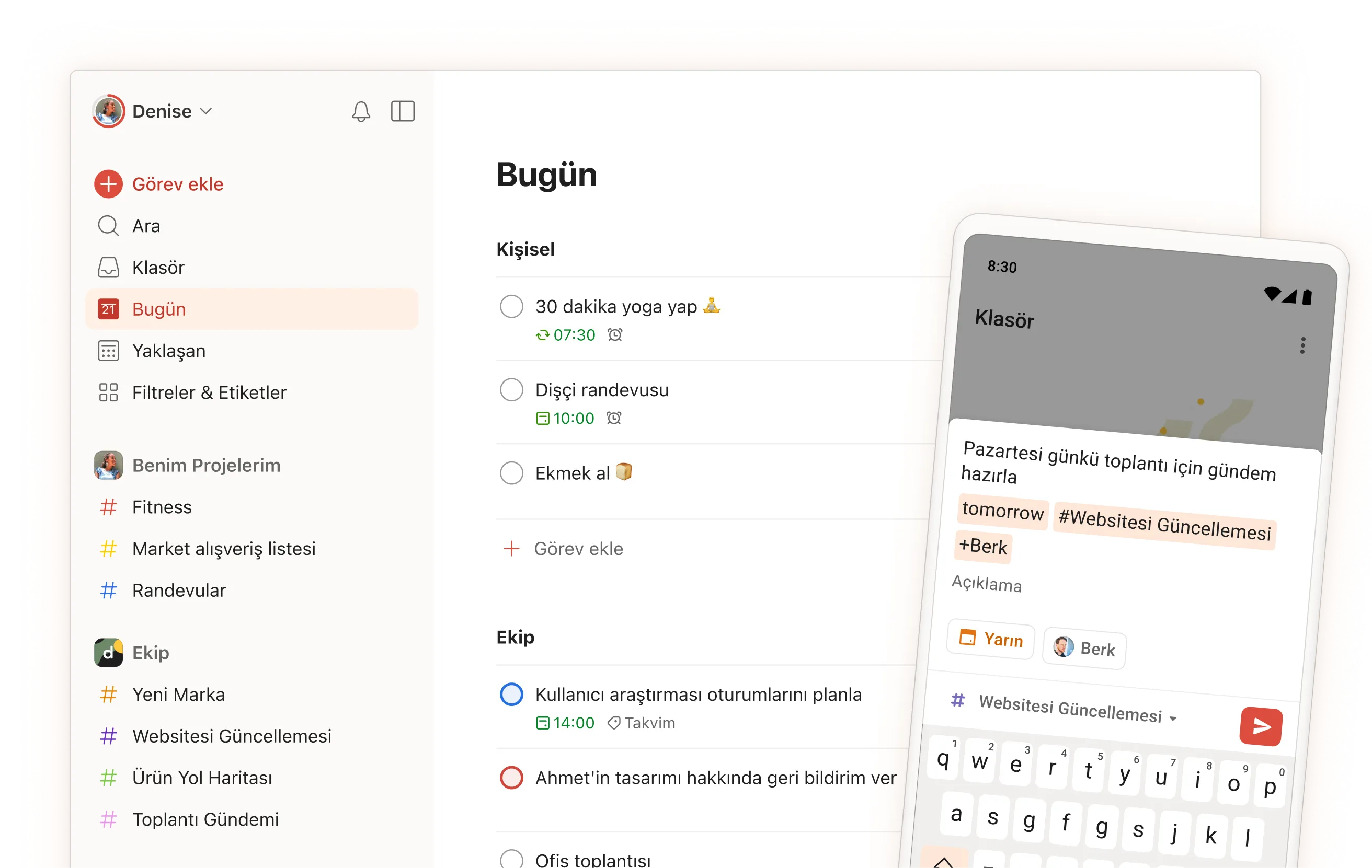 Görev giriş ekranının mobil görünümü ile günlük görevleri, projeleri ve ekip bölümlerini gösteren Todoist uygulama arayüzü.