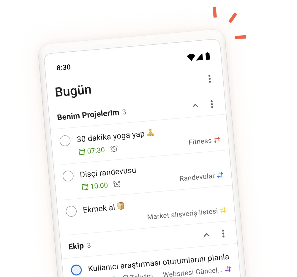 Görev giriş ekranının mobil görünümü ile günlük görevleri, projeleri ve ekip bölümlerini gösteren Todoist uygulama arayüzü.